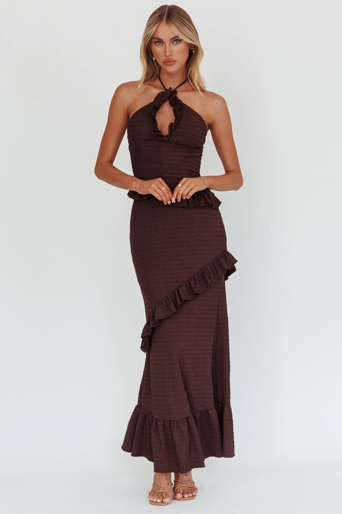 Clemence Smocked Frill Trim Maxi Dress Chocolate