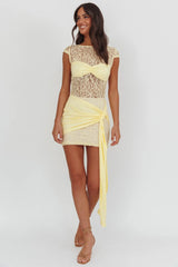 Baie Hip Sash Lace Overlay Mini Dress Lemon