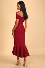 How Much I Care Wine Red Off-the-Shoulder Midi Dress