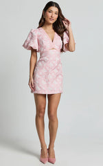 Diana Mini Dress - Jacquard Short Sleeve Cut Out Dress in Light Pink