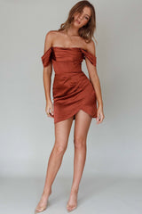 Night To Remember Off-Shoulder Satin Dress Chocolate