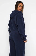 Just For Now Fleece Boxy Zip Front Hoodie Navy