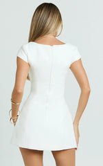 Patsy Mini Dress - Boucle Cap Sleeve Button Front Fitted Dress in White