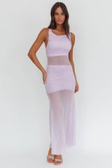 Sade Sheer Panel Ruched Maxi Dress Lilac