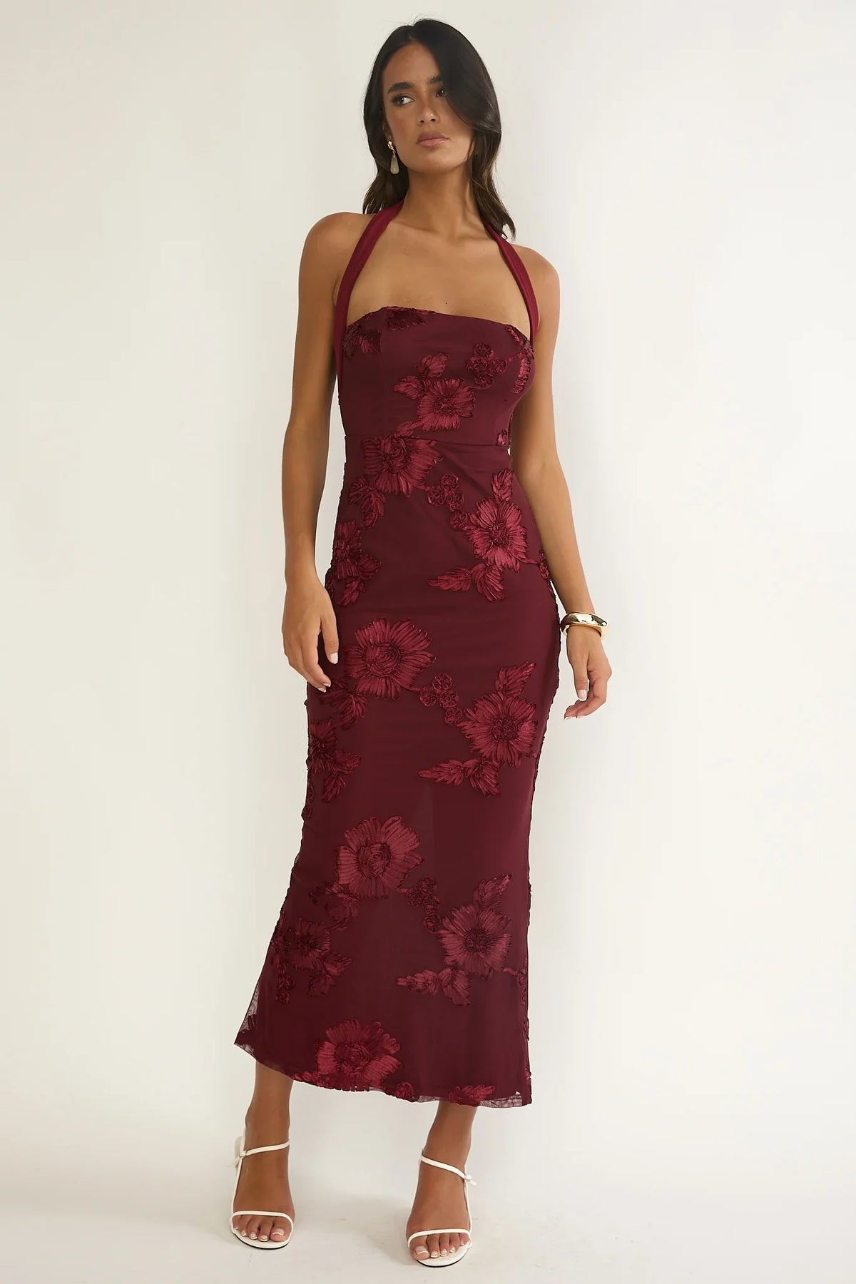 Serenya Halterneck Embellished Maxi Dress Wine
