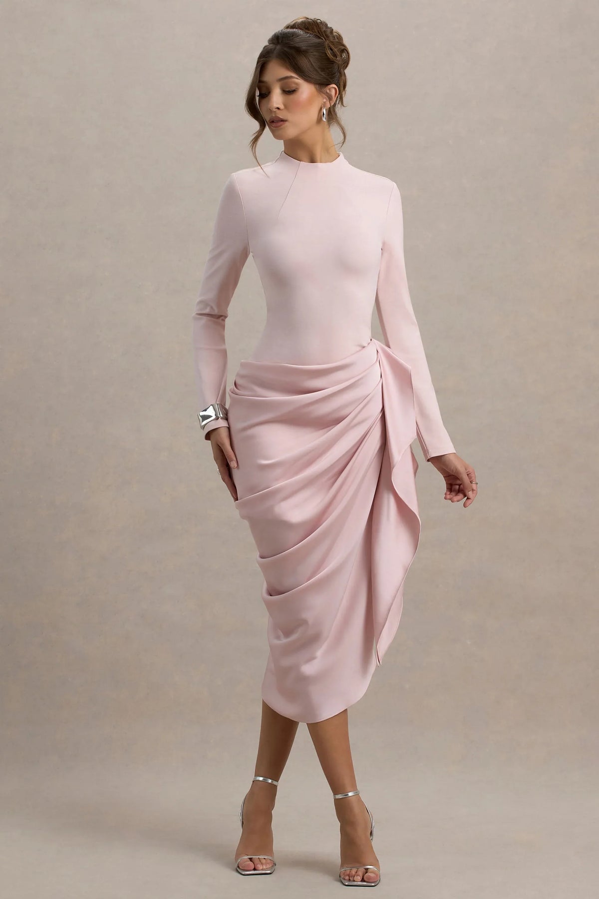 Raffie | Pink Long-Sleeve Midi Dress With Satin Wrap Skirt