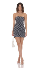 Plaid Strapless Bodycon Dress in Navy