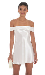 Satin Off Shoulder Dress in White