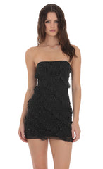 Mesh Rhinestone Strapless Ruffle Dress in Black