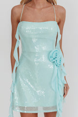 Standing Out Ruffle Rosette Trim Sequin Mini Dress Mint