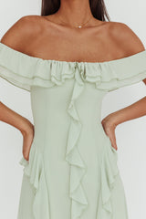 Scarlet Off-Shoulder Ruffle Trim Maxi Dress Sage