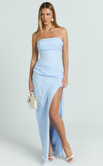 Berri Maxi Dress - Strapless Jacquard High Split Dress in Blue