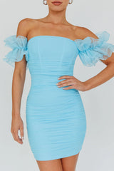Star Dust Off-Shoulder Frill Sleeve Mini Dress Baby Blue