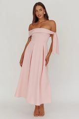 Aurora Sky Off-Shoulder Box Pleat Midi Dress Pink