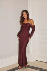 Elegant Chic Off Shoulder Long Sleeve Satin Maxi Dress