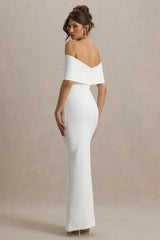 Eva | White Bardot Bow Detail Maxi Dress With Thigh Split