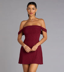 Classic Glitz Glitter Knit Off-The-Shoulder Mini Dress