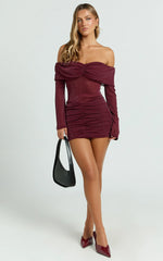 Rumi Mini Dress - Glitter Tulle Off Shoulder Ruched Dress in Wine