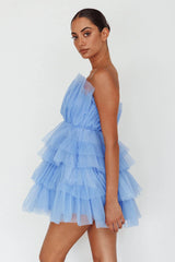Bon Bon Tiered Mesh Mini Dress Steel Blue