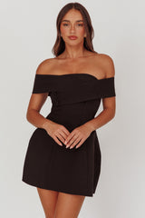 Midnight Moment Off-Shoulder Crossover Mini Dress Black