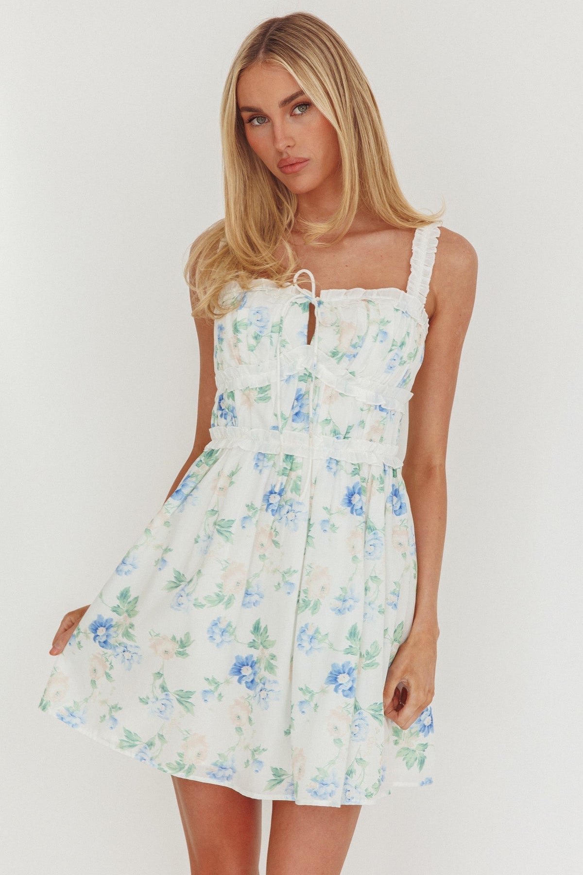Jordanne Frill Trim Mini Dress Floral Blue