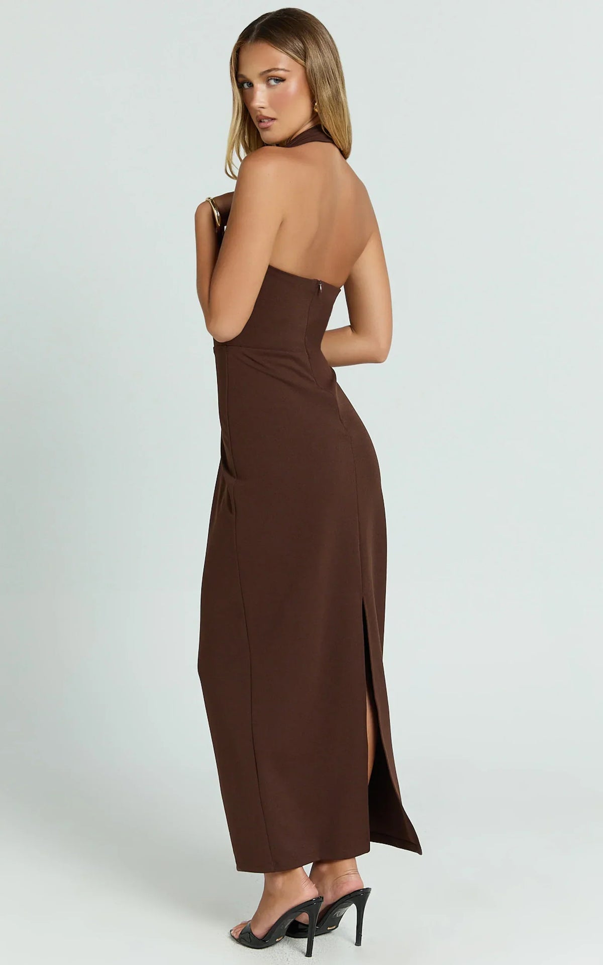 Salome Midi Dress Halter Neck Column Dress in Chocolate